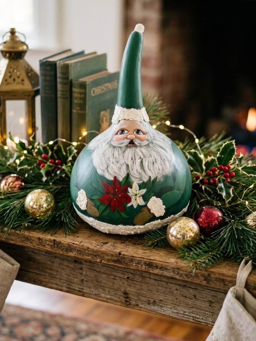 Vintage Primitive Folk Art Santa Christmas Gourd hand painted Decoration 10”